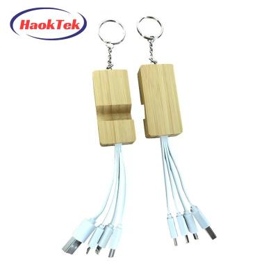 China MP3/MP4 Player HAOKTEK Wooden USB Phone Cable Keychain Micro Bamboo Fast Charging Eco-friendly Portable Small Logo Printed 3 in 1 Cable for sale