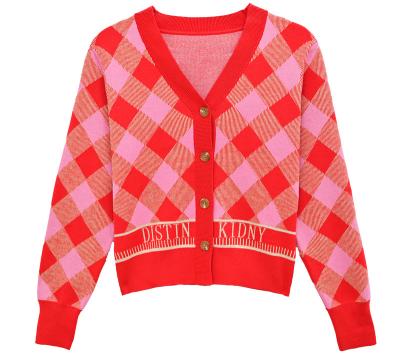 China Factory Direct Sales Anti-Wrinkle Soft And Warm Argyle V-Neck Sweater Knitted Woolen Letter Jumpers Full With Button For Women for sale