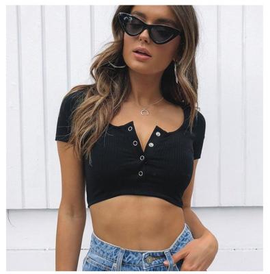 China 2022 Viable Solid Color Fashionable Button Down Bodycon Short Crop Top O-neck Sleeve Women's T-Shirt for sale