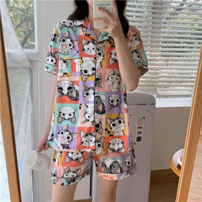 China Factory summer thin short sleeved women's breathable pajamas and shorts set cute cartoon style home clothes for sale