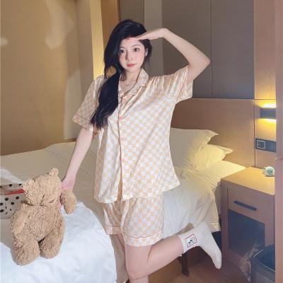 China Factory Breathable For Women's Korea Shorts Cartoon Home Silk Clothing Short-sleeved Cardigan Milk Pajamas The Beautiful for sale