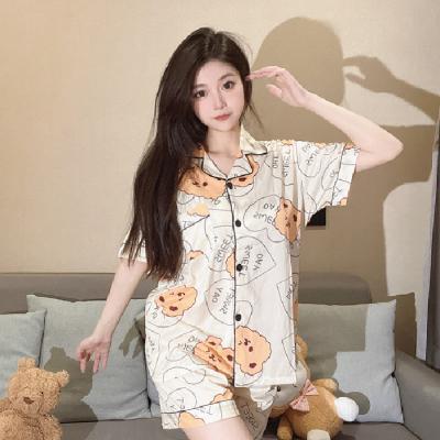 China Factory Breathable For Women's Korea Shorts Cartoon Home Silk Clothing Short-sleeved Cardigan Milk Pajamas The Beautiful for sale