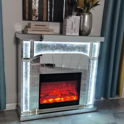 China 2022 Modern New Furniture Crushed Diamond Mirrored Led Fireplace Stand TV With Lights Speaker And LED Heater For Indoor Living Room for sale