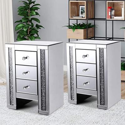 China 2021 Hottest Furniture Diamond Mirrored Bedside Table Mirrored Chest Crushed 3 Drawer Nightstand Convertible Bedroom Nightstand for sale