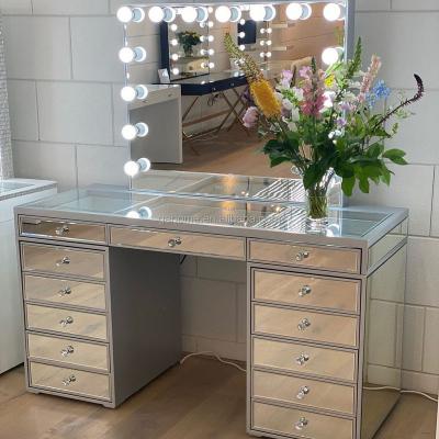 China Other 2022 New Furniture 13 Drawers Modern Vanity Mirrored Glass Top Wooden Dresser With LED Hollywood Mirror For Bedroom for sale