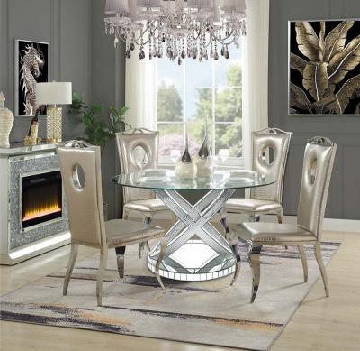 China Mirrored Dining Room Furniture Tempered Glass Top Mirrored Round Dining Table With Crystal for sale