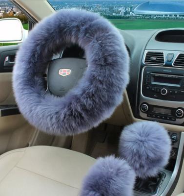 China Universal 15 Inch Winter Long Warm Pure Wool Car Steering Wheel Cover for sale