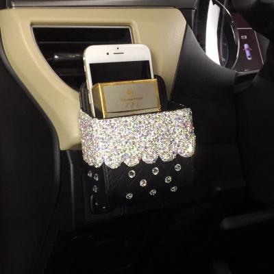 China 2021 Best Multifunctional Bling Rhinestone Car Storage Bags With Hanging Lid For Portable Headrest Car Accessories Organizer for sale