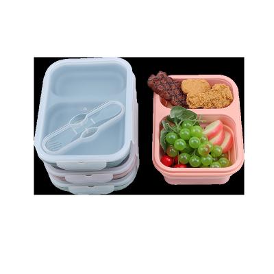 China Portable Freshness Keeping Lunch Box With Bag Water Bottle Lid Spoon Fork 2 Compartment Collapsible Silicone Lunch Box for sale