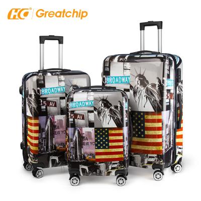 China Custom Hard Bottom Shell Suitcase Case Trolley Print Travel Trolley Bag Hotel Luggage Trolley Moving Hand Sets for sale