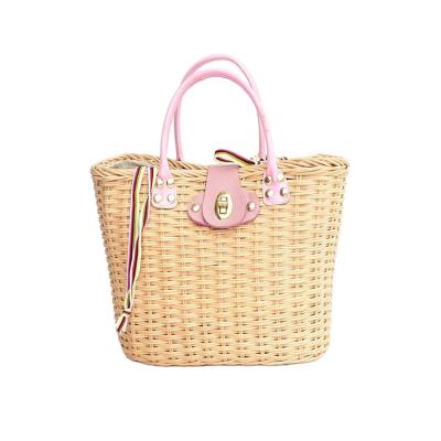 China 2020 Motion Sensing Pink Striped Rattan Handbag Large Capacity Leather Open Single Rattan Woven Bag for sale