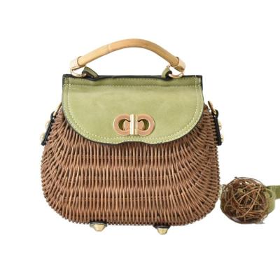 China New Fashion Oval Woven Rattan Woven Handbag Green Bag Beach Women's Bag Beach Women's Bag Fresh One Shoulder Women's Bag for sale