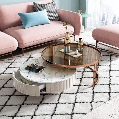 China Modern Round Glass Coffee Table (The Other) Rose Gold Metal Frame Marble Adjustable Slab For Living Room for sale