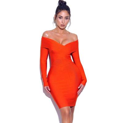 China Breathable Red Long Sleeve Off The Shoulder Party Fashion Womens Sexy Vestidos De Dama Bandage Dress for sale