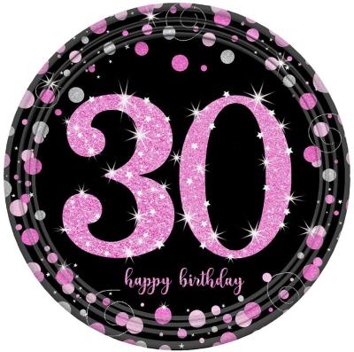 China High Quality Black Pink Disposable Tableware Decoraive 30th Birthday Paper 30 Happy Birthday Party Backdrops for sale