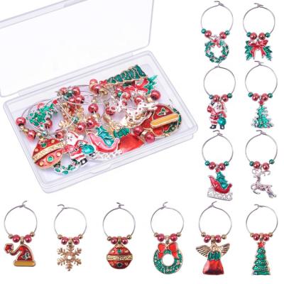 China Viable 12 Pieces Wine Glass Charms Classic Christmas Rings Marker with Plastic Storage Box for Christmas Party Bar Table Decoration for sale