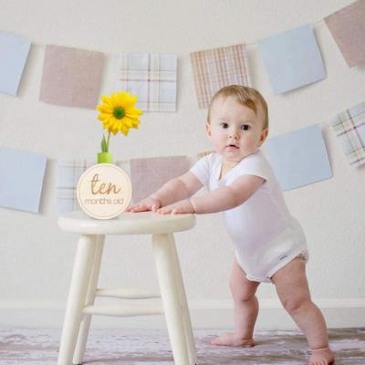 China Europe New Arrival 12pcs Round Numbers Wooden Baby Shower Gift Monthly Milestone Cards for sale