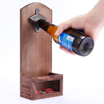 China Sustainable New Idea 2020 Hot Sale Wooden Wall Mounted Bottle Opener With Catcher for sale