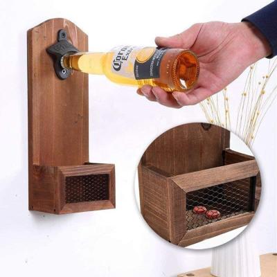 China Sustainable Wall Mounted Wooden Bottle Opener With Catcher Ideal Gift For Men And Beer Lovers for sale