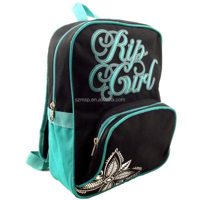 China Polyester waterproof black backpack with green piping for primary school girls for sale