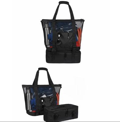 China Insulated mesh beach cool bag with thin printing tote bag, with bottom cooler insulated bag can be detachable for sale