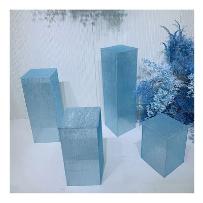 China European Wedding Decoration Props Artificial Flower Stands Set 4 Column Filigree Dessert Table Rectangular Road Lead Wedding Pedestals for sale