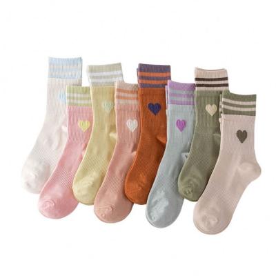 China Lightweight women's spring and autumn socks new double ribbed love heart embroidery striped trend sports cotton stockings for sale