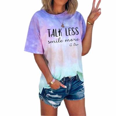 China New Women's Anti-Wrinkle Less Tied Dyed Maintenance Smile Moie Digital Printing Tie Dyed T-shirt With Short Sleeves And Round Neck for sale