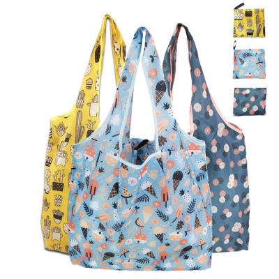 China Eco-friendly carry on printed polyester eco-friendly reuseable large foldable shopping bag with pocket for sale