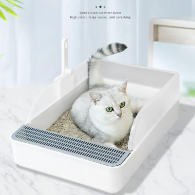 China Cat Self Cleaning Semi Closed White Stylish Biodegradable Viable Cat Litter Box With Grid for sale