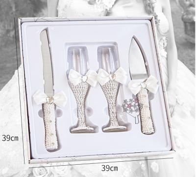 China Wholesale Custom Disposable Luxury Wedding Jute Handles Champagne Coupe Cake Cutter Knife Cutter Saw and Pie Along Glass Server Set for sale