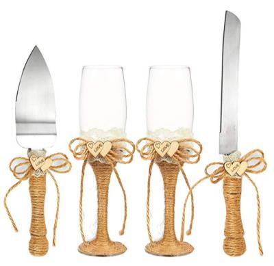 China 4 Piece Viable Wedding Supplies - Cake Knife, Cake Serving Set, Rustic Groom Gift with Burlap Handles for sale