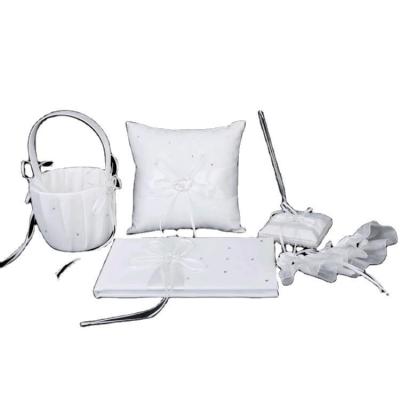 China Fabric wedding decoration places/Bowknot heart drill flower basket+ring pillow+guest book+pen set+garter for sale