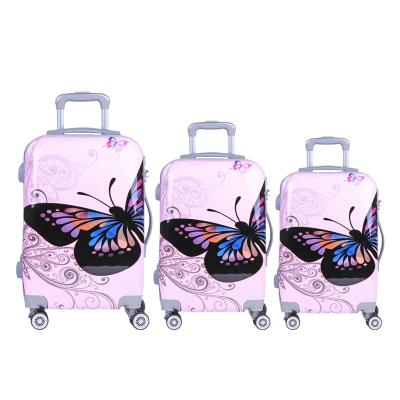 China Fashionable Bottom Travel Ladies Carry On Luggage PC 3 Piece Trolley Luggage Set With Pink Butterfly for sale