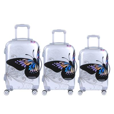 China Popular Silver Background Travel Butterfly 3D Printing Luggage 3 Pieces Personalized Luggage Sets for sale