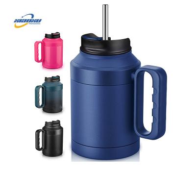 China Sustainable 50oz Insulated Tumbler Mug with Lid Straw Vacuum Travel Coffee Mug with Double Handle Wall Stainless Steel Water Cup Bottle for sale