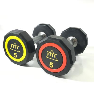 China High Quality Urethanes PU DECAGONAL Dumbbell with Chrome Handle with Colorful Circle Ring and Logo for sale