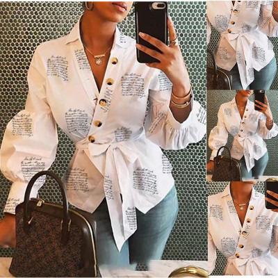 China Autumn And Winter Viable Long Sleeve V-Neck Lantern Sleeve Button Printed Shirt Women for sale