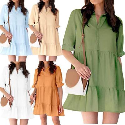 China 2021 Summer New Style Viable Ruffled Casual Sleeve Puff Edge Button Shirt Collar Dress for sale