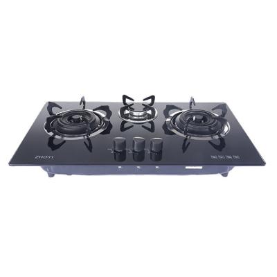 China Hotel Appliances Kitchen Table Top Tempered Glass Gas Stove 3 Burner Gas Cooktops Factory Made for sale