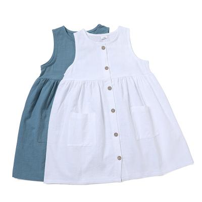 China Anti-Wrinkle Central Statistical Australia Korean Kids Girls Dresses Front Buttons Pockets Organic Linen Cotton Sleeveless Dress Summer For Kids Girls for sale