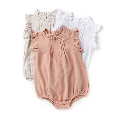 China Australia USA Summer Canvas Jumper Fly Sleeve Linen Baby Newborn Romper Ruffles Collar Plain Newborn Overalls for sale