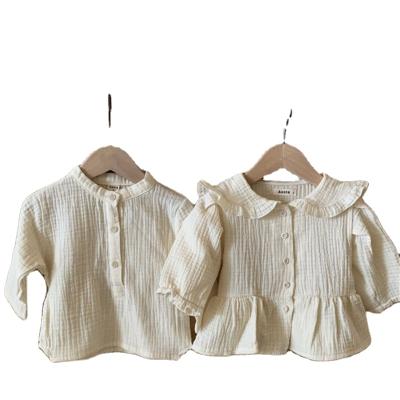 China LZL Baby Shirts Muslin Anti-Shrink Cotton Ruffles Collar Front Buttons Floral Quality Infant Girls Blouses Toddler Boys Shirt for sale