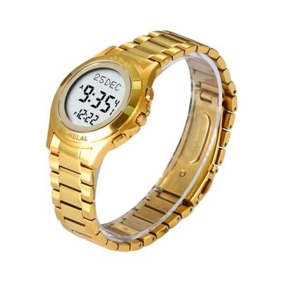 China Al-Helal Factory Direct Selling Alarm Al-Helal Luxury Gold Azan Watch Stainless Steel Muslim Diver Watch For Lovers for sale