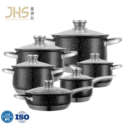 China JHS 12pcs induction bottom kitchen pots pans workable black cookware sets stainless steel kitchenware cookware set for sale