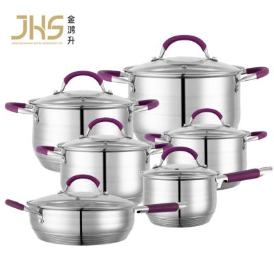 China JHS 12pcs Silicone Handle Sustainable Kitchen Care Cookware Stainless Steel Cookware Sets Covered Stock Pot for sale