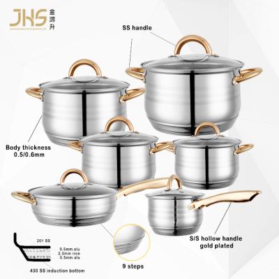 China JHS Stainless Steel Pot Casserole 12pcs Cookware Set Sustainable Cooking Induction Cookware for sale