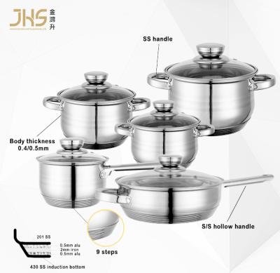 China JHS Factory Quality 12 Pcs Sustainable Stainless Steel Kitchen Cooking Pots Pan Cookware Set With Clear Glass Lid for sale