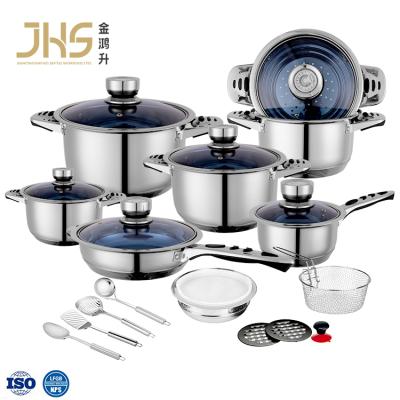 China JHS viable wide edge stainless steel kitchen ware cooking pots and pans and pans cookware with thermometer for sale