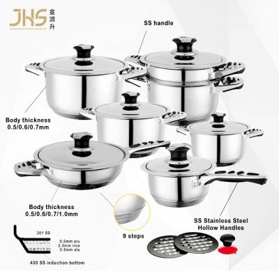 China JHS Sustainable 21 Pieces Pan Cookware Stainless Steel Set Cooking Pots Induction Cookware With Lid Utensils for sale